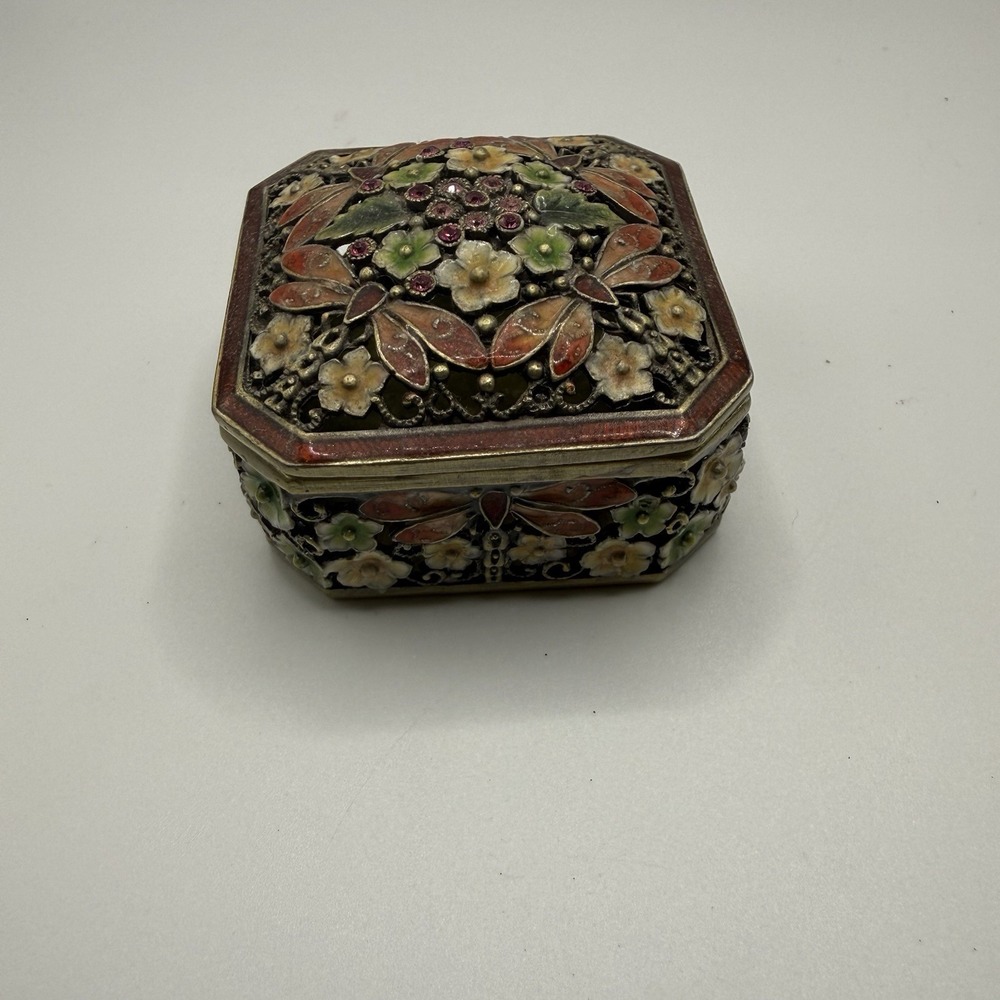 Vintage Style Dragonfly Floral Trinket Box Enamel Rhinestone‎ Jewelry Box